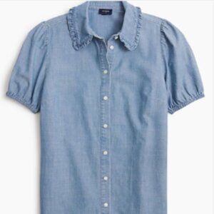 J. Crew Chambray Puff Sleeve Ruffle-Collar Button Down Top NWT